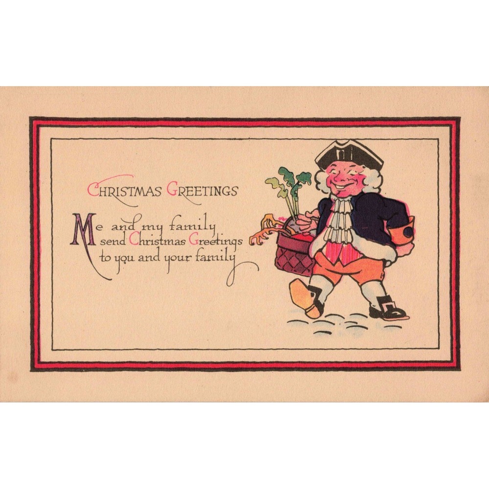 Vintage Christmas Postcard Colonial Man Harvest Basket Greetings Divided Back - Picture 1 of 2